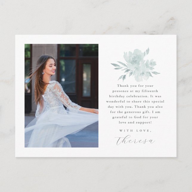 Elegant Two Photo Quinceanera Floral Thank You Postcard (Front)