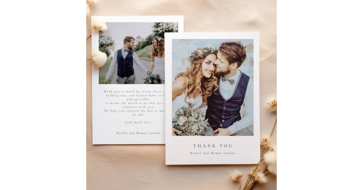 Elegant Two Photo Script Minimalist Wedding Thank You Card | Zazzle