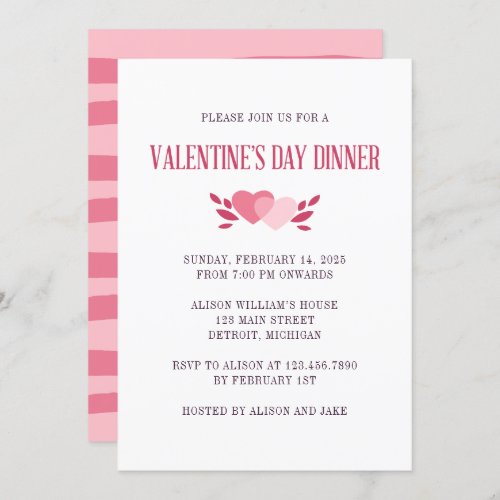Elegant Two Pink Hearts Valentine Dinner Party Invitation