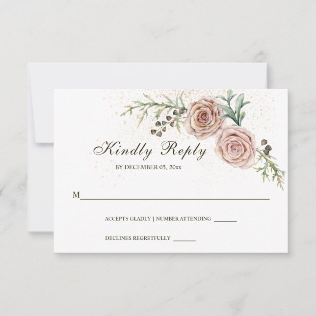 Elegant Two Pink Roses Vintage Wedding  RSVP Card (Front)