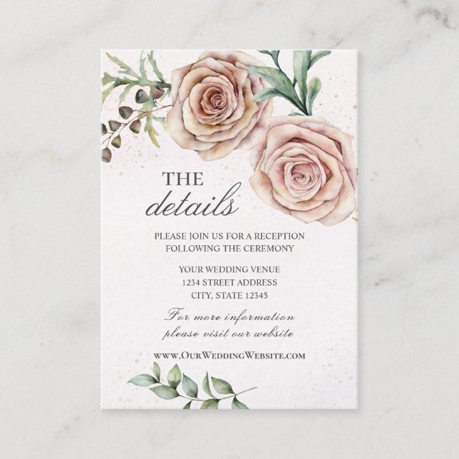 Elegant Two Pink Roses Wedding Details Enclosure Card (Front)