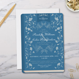 Elegant Two Tone Blue Floral Book Cover Wedding Invitation