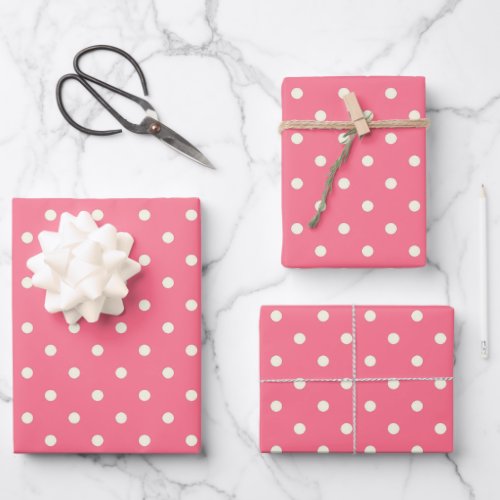 Elegant Two Tone Carnation Pink  White Polka Dots Wrapping Paper Sheets