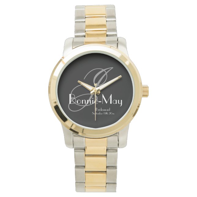 Elegant Two-Tone Monogram & Name Bridesmaid Gift Watch (Front)