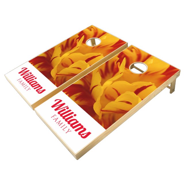 Elegant Two-Tone Red Gold Monsella Tulips Cornhole Set (Angled)