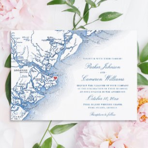 Elegant Tybee Island Georgia Map Navy Blue Wedding Invitation