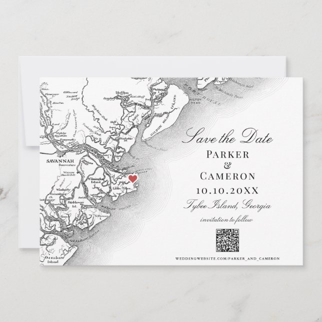 Elegant Tybee Island Georgia Map Wedding Save The Date (Front)