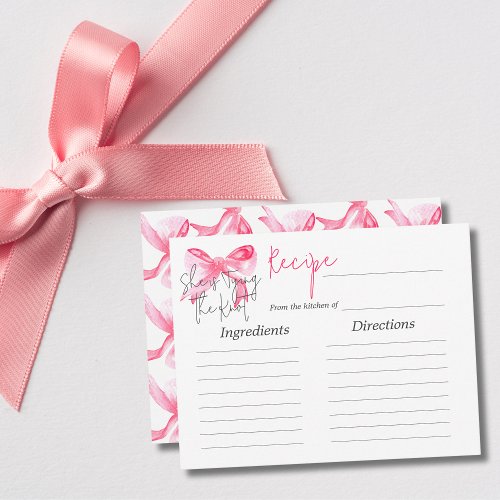 Elegant Tying Knot Pink Bow Bridal Shower Recipe Note Card