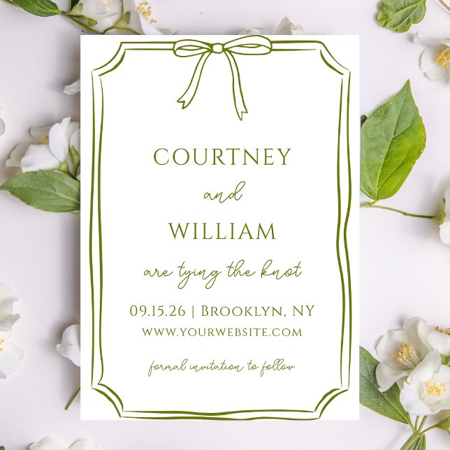 Elegant Tying the Knot Hand-Drawn Bow Olive Green Save The Date (Customize this minimalist olive green invitation, ideal for classic weddings with a natural touch.)