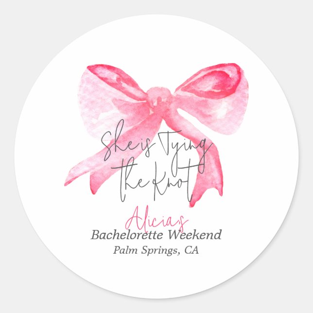 Elegant Tying the Knot Pink Bow Bachelorette Party Classic Round Sticker (Front)