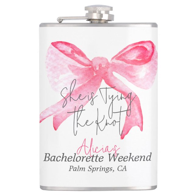 Elegant Tying the Knot Pink Bow Bachelorette Party Flask (Front)