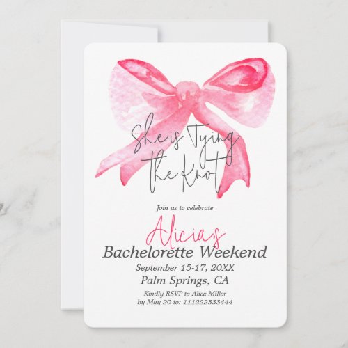 Elegant Tying the Knot Pink Bow Bachelorette Party Invitation