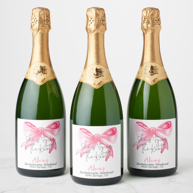 Elegant Tying the Knot Pink Bow Bachelorette Party Sparkling Wine Label (Bottles)