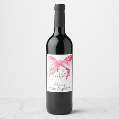 Elegant Tying the Knot Pink Bow Bachelorette Party Wine Label