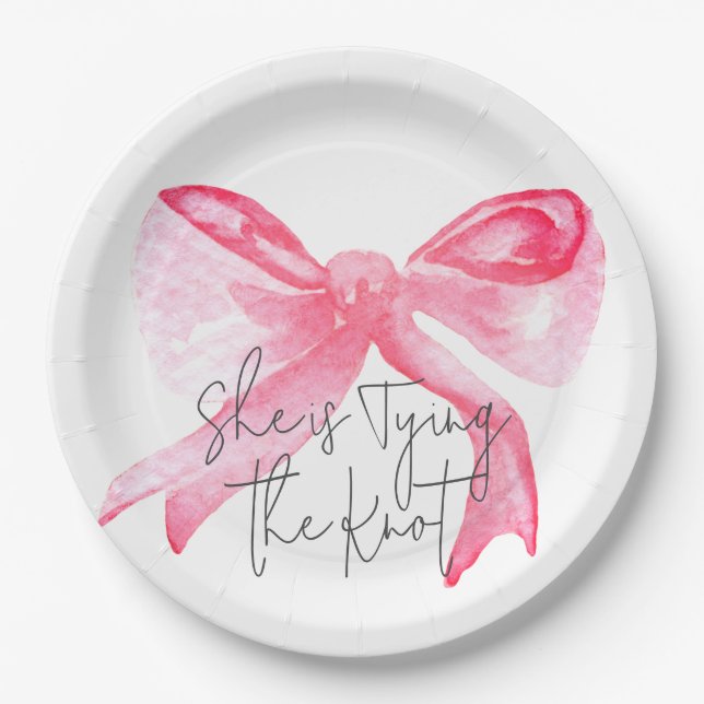 Elegant Tying the Knot Pink Bow Bridal Shower Paper Plates (Front)