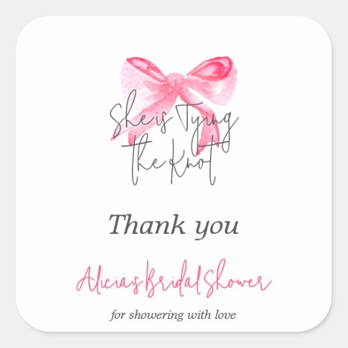 Elegant Tying the Knot Pink Bow Bridal Shower Square Sticker