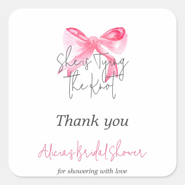 Elegant Tying the Knot Pink Bow Bridal Shower Square Sticker (Front)