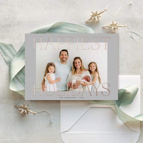 Elegant Type Christmas Photo Grey Rose Gold Foil Holiday Card