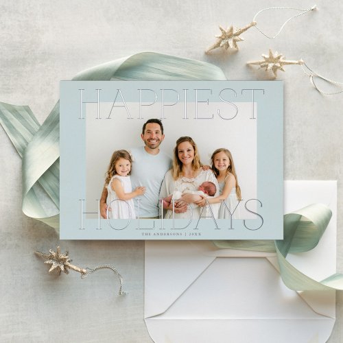 Elegant Type Christmas Photo Light Aqua Silver Foil Holiday Card