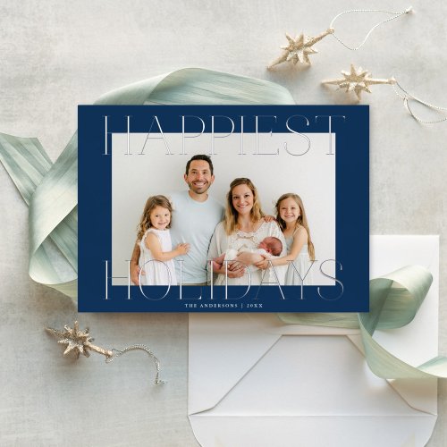 Elegant Type Christmas Photo Navy Blue Silver Foil Holiday Card