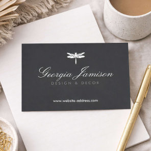 Elegant Type Dragonfly Logo on Dark Gray Business Card