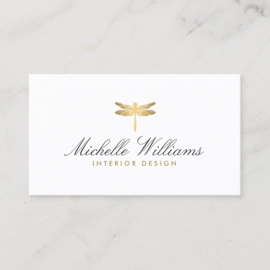 Elegant Type Faux Gold Dragonfly Logo On White Business Card