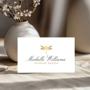 Elegant Type Faux Gold Dragonfly Logo on White Business Card