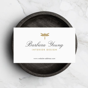 Elegant Type Gold Dragonfly Logo on White Business Card