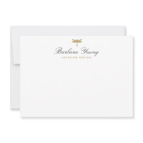 Elegant Type Gold Dragonfly Logo on White Note Card