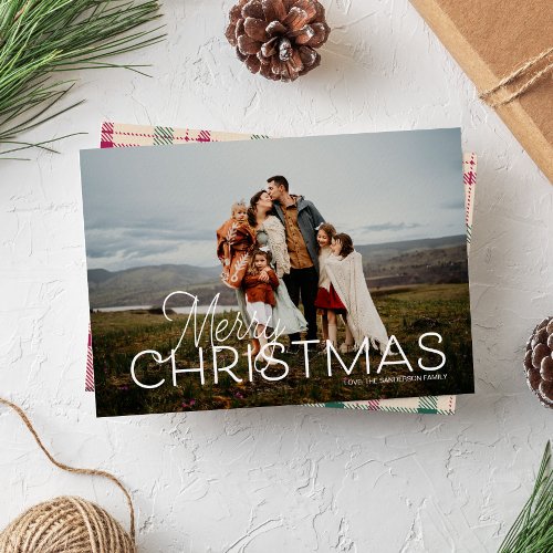 Elegant Type Merry Christmas Plaid Full Photo Holiday Card