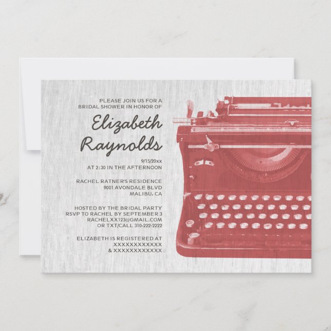 Elegant Typewriter Keys Bridal Shower Invitations (Front)