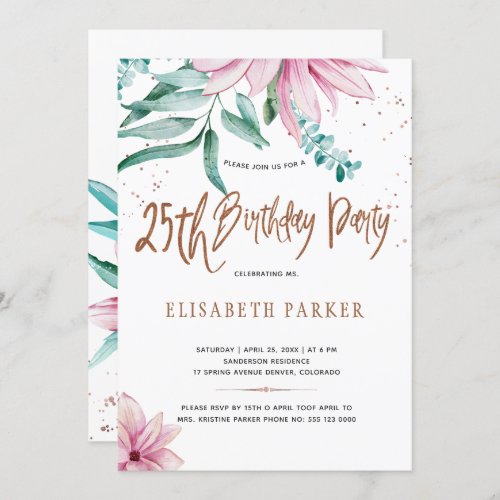 Elegant typography 25th floral birthday party invitation