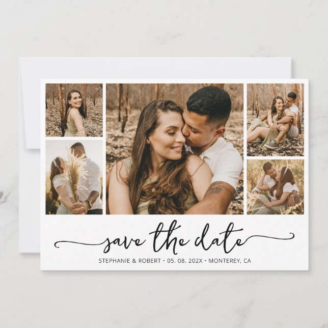 Elegant Typography 5 Photo Collage Wedding Save The Date (Front)
