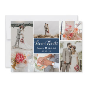 Elegant Typography 6 Photo Collage Navy Wedding Thank You Card