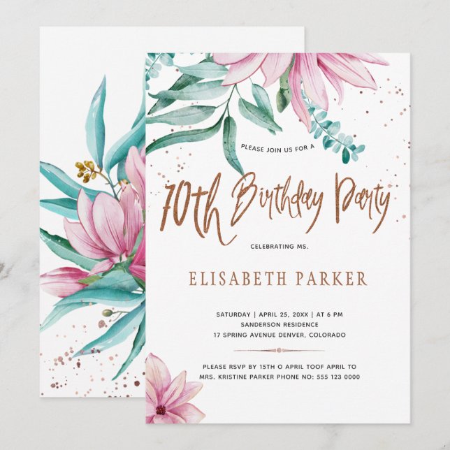 Elegant typography 70th floral birthday party invitation (Front/Back)