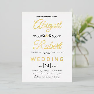 Elegant typography and flowers wedding gold foil invitation