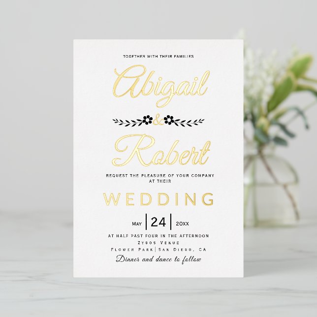 Elegant typography and flowers wedding gold foil invitation (Standing Front)