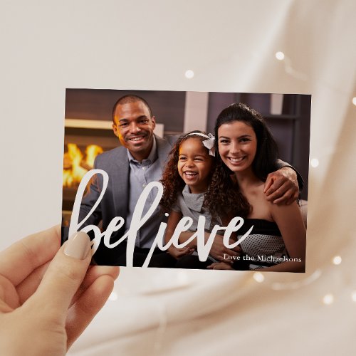 Elegant Typography Believe Photo Christmas Holiday Card