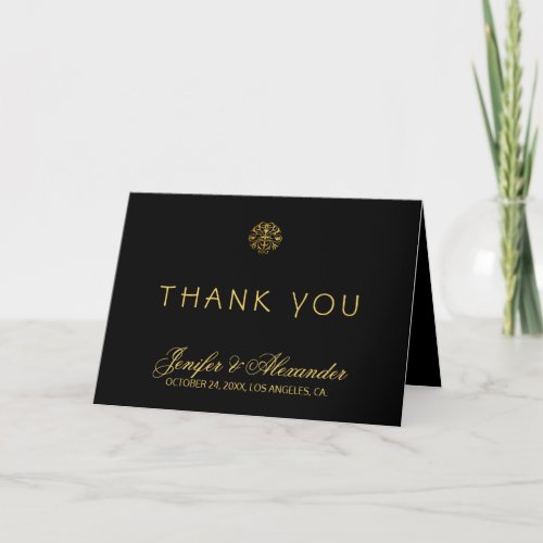 Elegant typography black and gold PHOTO wedding Thank You Card