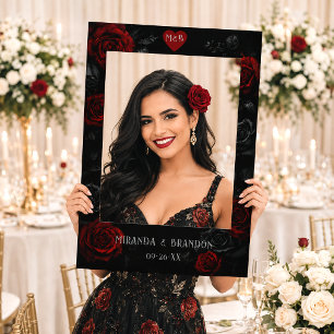 Elegant Typography Black and Red Floral Wedding Selfie Frame
