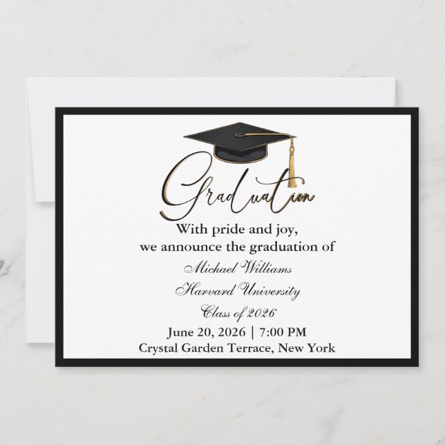Elegant Typography Black Cap Monochrome Graduation Invitation (Front)