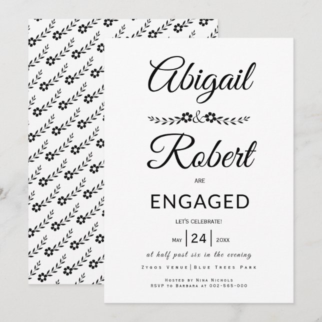Elegant typography black flowers engagement invitation (Front/Back)