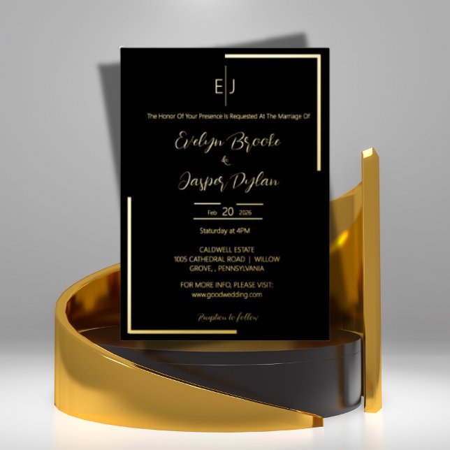 Elegant Typography Black Golden Corner Wedding  Foil Invitation (Creator Uploaded)