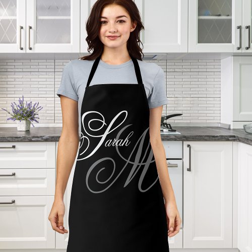 Elegant Typography Black Monogram Apron