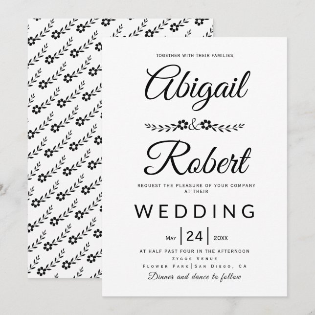 Elegant typography black white flowers wedding invitation (Front/Back)