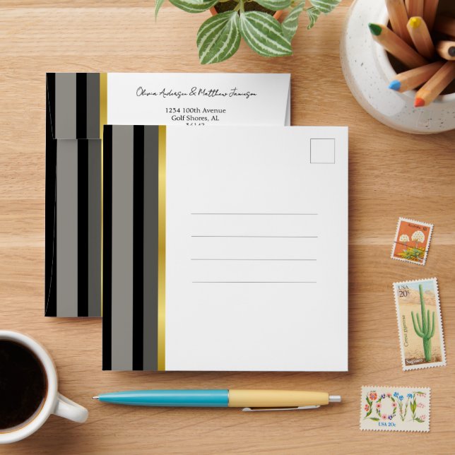 Elegant Typography Black White Gold Stripe Wedding Envelope (Desk)