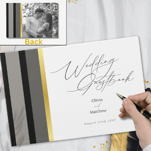 Elegant Typography Black White Gold Stripe Wedding Guest Book