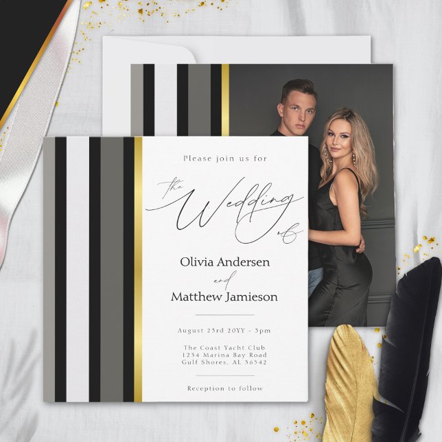 Elegant Typography Black White Gold Stripe Wedding Invitation (Creator Uploaded)
