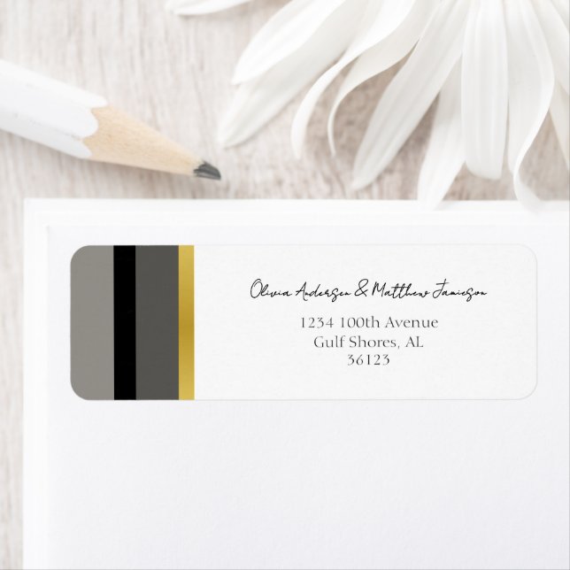 Elegant Typography Black White Gold Stripe Wedding Label (Insitu)