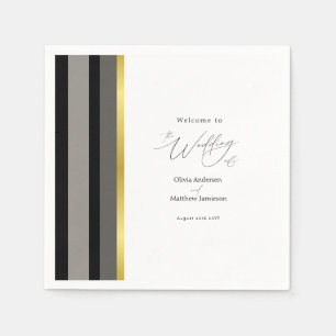 Elegant Typography Black White Gold Stripe Wedding Napkins